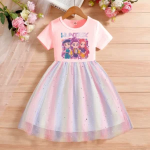 Kpop Demon Hunters Kids Clothes Summer Short sleeves Princess Dress Baby Girls Dress For Children Birthday Party Rainbow 2-8Y